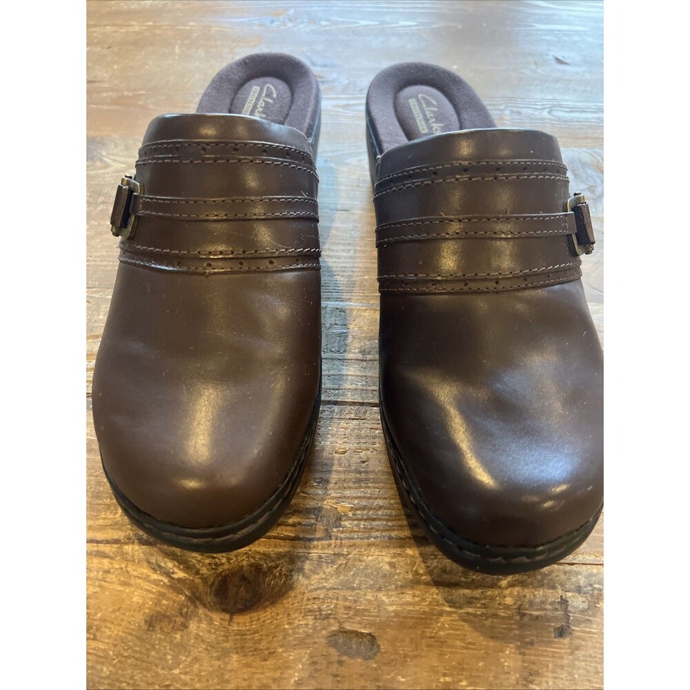 Clarks Women's Mule Size 10 W Low Wedge Slip On Shoe Brown Leather Comfy New